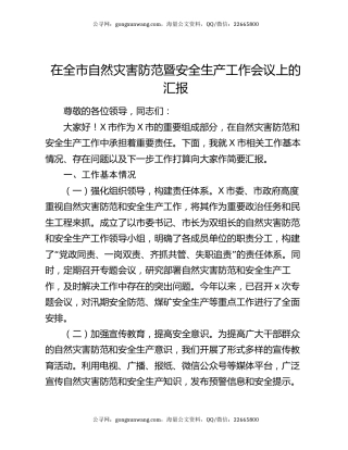 在全市自然灾害防范暨安全生产工作会议上的汇报