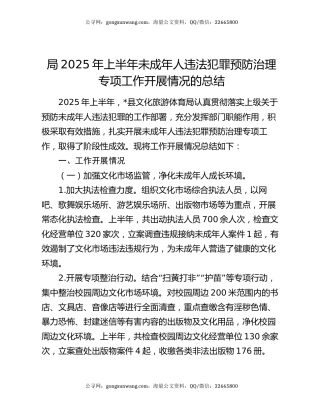局2025年上半年未成年人违法犯罪预防治理专项工作开展情况的总结