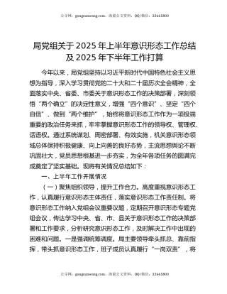 局党组关于2025年上半年意识形态工作总结及2025年下半年工作打算