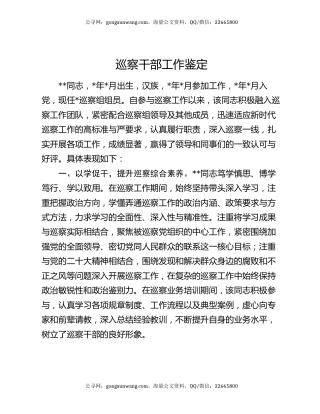 巡察干部工作鉴定