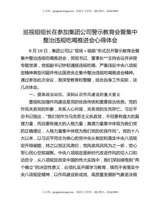 巡视组组长在参加集团公司警示教育会暨集中整治违规吃喝推进会心得体会