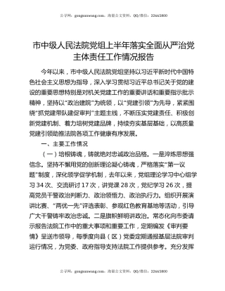 市中级人民法院党组上半年落实全面从严治党主体责任工作情况报告