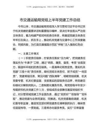 市交通运输局党组上半年党建工作总结