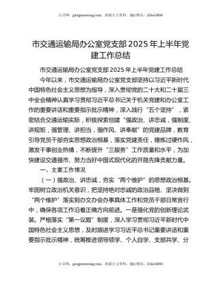 市交通运输局办公室党支部2025年上半年党建工作总结