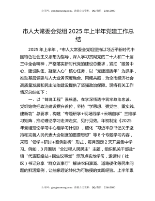 市人大常委会党组2025年上半年党建工作总结