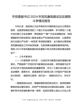 市党委副书记2024年党风廉政建设及反腐败斗争情况报告
