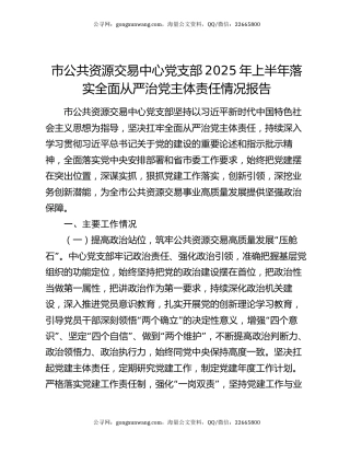 市公共资源交易中心党支部2025年上半年落实全面从严治党主体责任情况报告