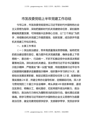 市发改委党组上半年党建工作总结
