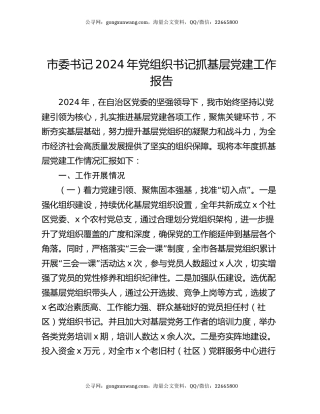 市委书记2024年党组织书记抓基层党建工作报告