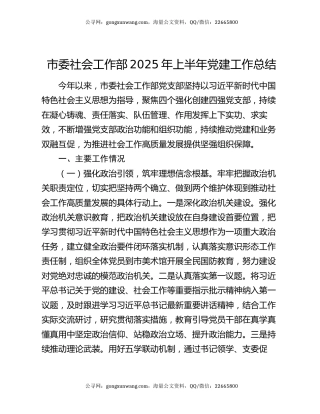 市委社会工作部2025年上半年党建工作总结