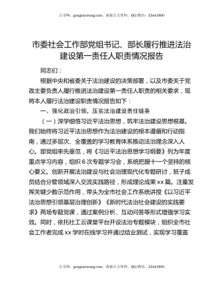 市委社会工作部党组书记、部长履行推进法治建设第一责任人职责情况报告