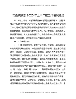 市委统战部2025年上半年度工作情况总结