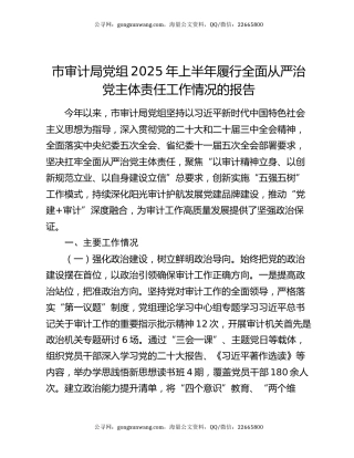市审计局党组2025年上半年履行全面从严治党主体责任工作情况的报告