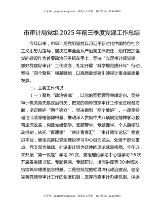 市审计局党组2025年前三季度党建工作总结