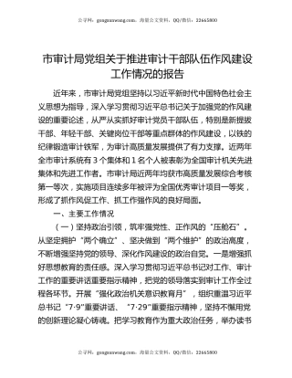 市审计局党组关于推进审计干部队伍作风建设工作情况的报告