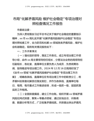 市局“化解矛盾风险 维护社会稳定”专项治理对照检查情况工作报告