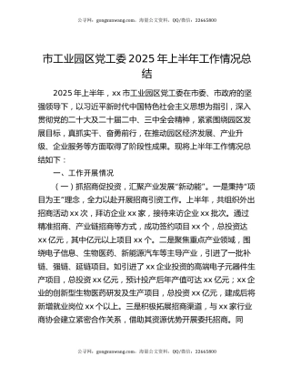 市工业园区党工委2025年上半年工作情况总结