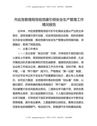 市应急管理局党组党建引领安全生产管理工作情况报告