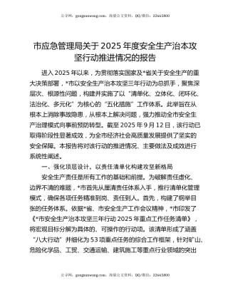 市应急管理局关于2025年度安全生产治本攻坚行动推进情况的报告