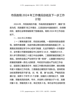 市民政局2024年工作情况总结及下一步工作计划