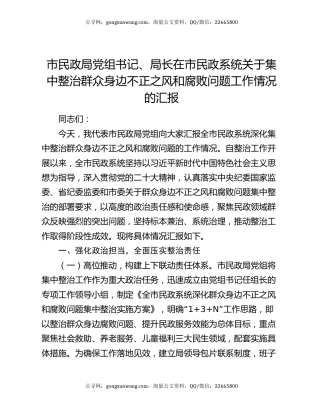 市民政局党组书记、局长在市民政系统关于集中整治群众身边不正之风和腐败问题工作情况的汇报