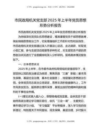 市民政局机关党支部2025年上半年党员思想形势分析报告