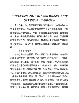 市水务局党组2025年上半年落实全面从严治党主体责任工作情况报告