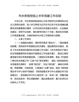 市水务局党组上半年党建工作总结
