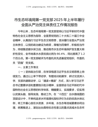 市生态环境局第一党支部2025年上半年履行全面从严治党主体责任工作情况报告