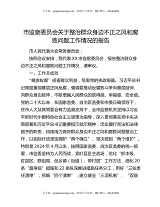 市监察委员会关于整治群众身边不正之风和腐败问题工作情况的报告