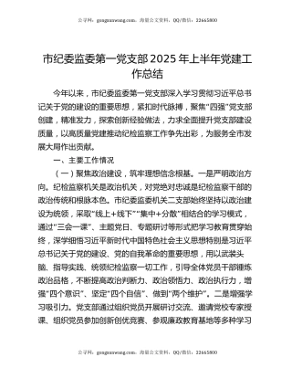 市纪委监委第一党支部2025年上半年党建工作总结