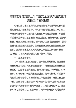 市财政局党支部上半年落实全面从严治党主体责任工作情况报告