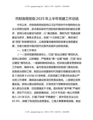 市财政局党组2025年上半年党建工作总结