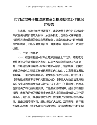 市财政局关于推动财政资金提质增效工作情况的报告