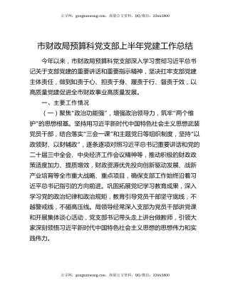 市财政局预算科党支部上半年党建工作总结