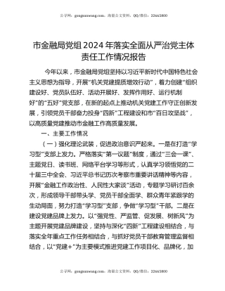 市金融局党组2024年落实全面从严治党主体责任工作情况报告