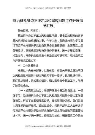整治群众身边不正之风和腐败问题工作开展情况汇报