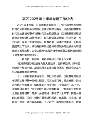 某区2025年上半年党建工作总结