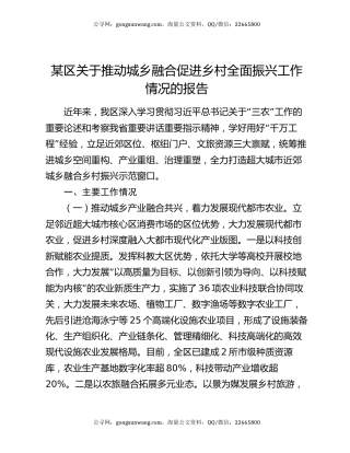 某区关于推动城乡融合促进乡村全面振兴工作情况的报告