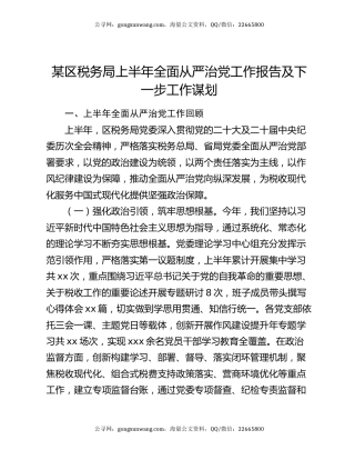 某区税务局上半年全面从严治党工作报告及下一步工作谋划