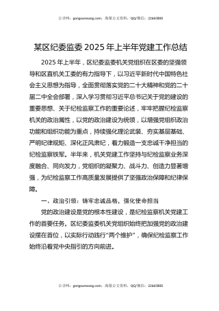 某区纪委监委2025年上半年党建工作总结