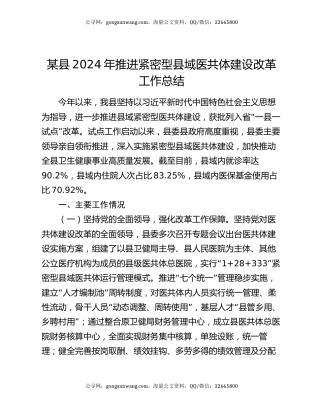 某县2024年推进紧密型县域医共体建设改革工作总结