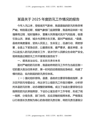 某县关于2025年度防汛工作情况的报告