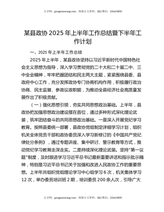 某县政协2025年上半年工作总结暨下半年工作计划