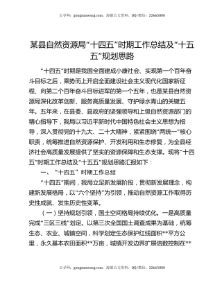 某县自然资源局“十四五”时期工作总结及“十五五”规划思路