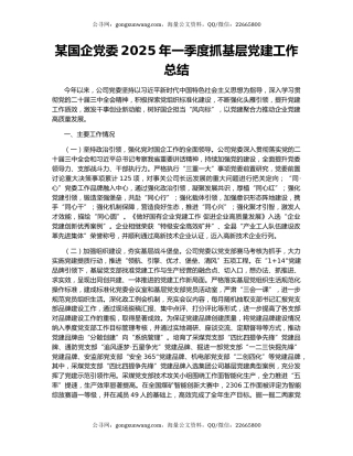 某国企党委2025年一季度抓基层党建工作总结