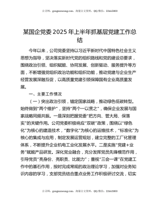 某国企党委2025年上半年抓基层党建工作总结