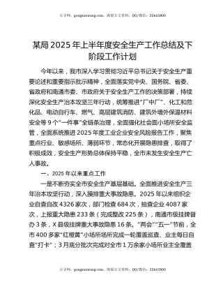 某局2025年上半年度安全生产工作总结及下阶段工作计划