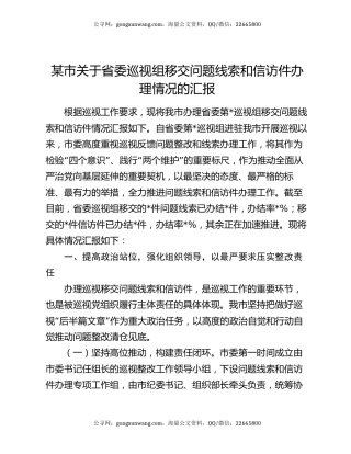 某市关于省委巡视组移交问题线索和信访件办理情况的汇报