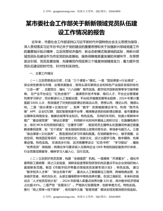 某市委社会工作部关于新新领域党员队伍建设工作情况的报告